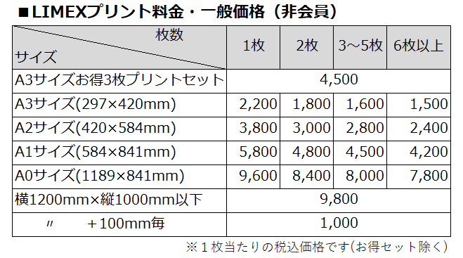 LIMEXプリント価格_会員価格表