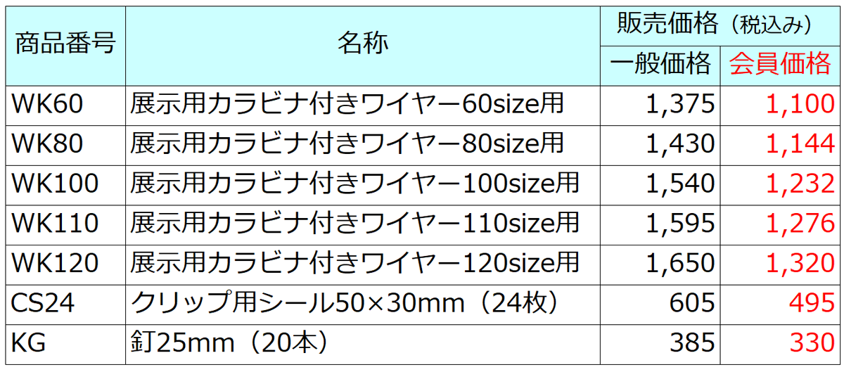 ポスターハンガー消耗品価格表