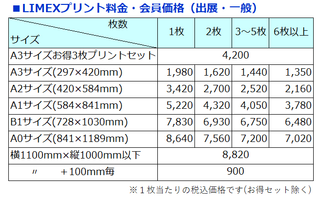 LIMEXプリント価格_会員価格表