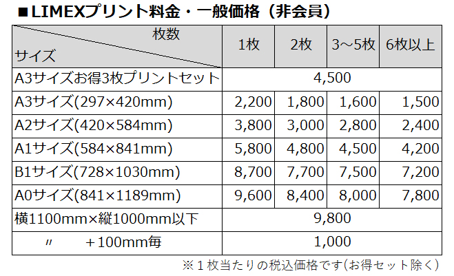 LIMEXプリント価格_非会員価格表